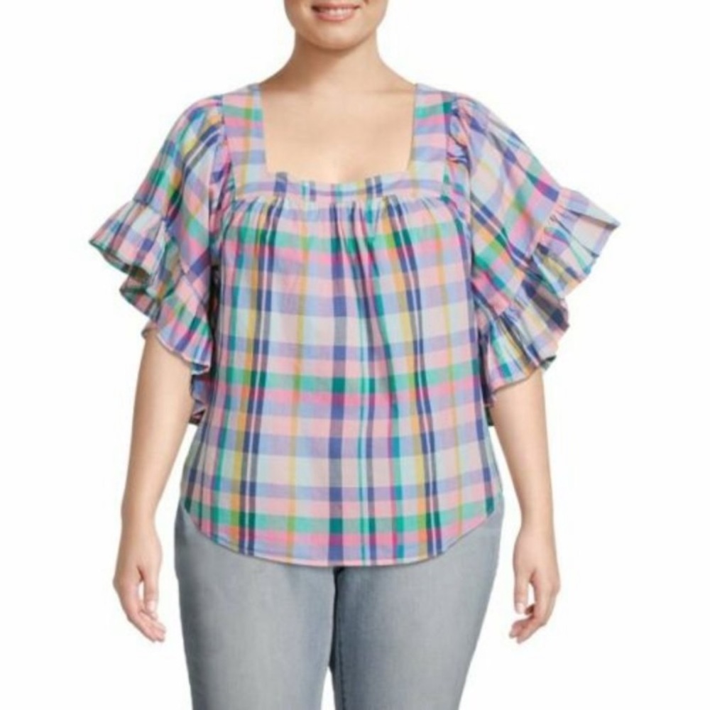 Terra & Sky Pastel Plaid Square-Neck Flutter Sleeve Blouse - Pink, Blue, Green